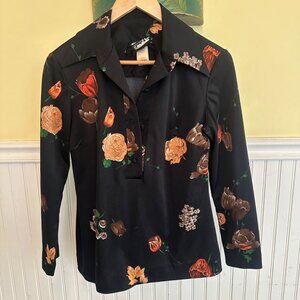 Vintage Shady Lane Floral Polyester Blouse Black Union-Made Long Sleeve USA